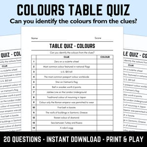 Printable Colours Table Quiz With Answers: Instant Download PDF