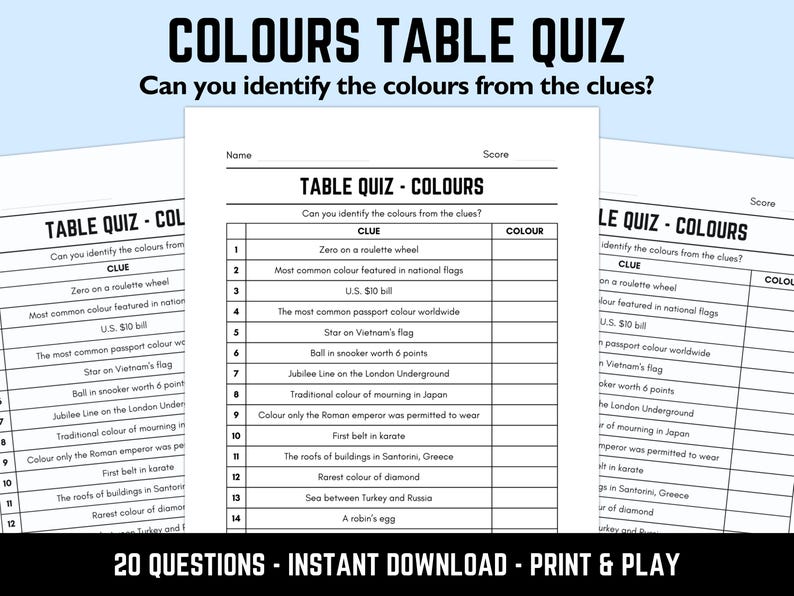 Printable Colours Table Quiz With Answers Downloadable Pub Quiz Sheets