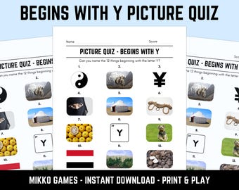 Printable Begins With Y Picture Quiz With Answers: Picture Round Quiz Sheets, Pub Quiz Trivia, Downloadable Table Quiz, Fun Ready-Made Quiz