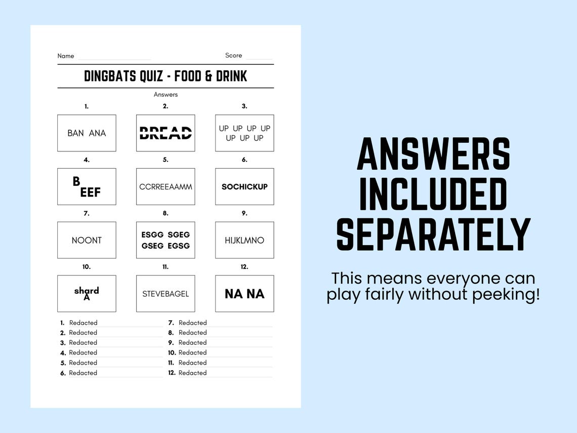 Printable Food and Drink Dingbats Picture Quiz With Answers