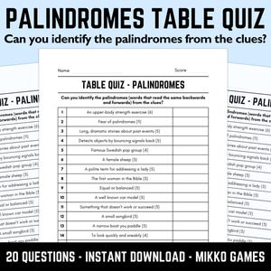 Printable Palindromes Table Quiz With Answers: Downloadable Pub Quiz Sheets, Trivia Questions, Fun Ready-Made General Knowledge Quiz