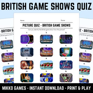 以下が含まれることがあります： 印刷可能な英国のゲーム番組クイズシート。クイズには、さまざまな英国のゲーム番組からの画像が掲載されています。上部のテキストは「BRITISH GAME SHOWS QUIZ」と書かれています。シートの下部には「MIKKO GAMES - INSTANT DOWNLOAD - PRINT & PLAY」と書かれています。