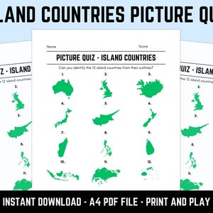 Quiz de imagens de países insulares para impressão com respostas | Folhas de quiz de rodadas de imagens, quiz de curiosidades de pub, quiz de mesa para download