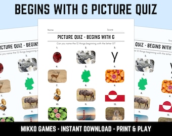 Printable Begins With G Picture Quiz With Answers: Picture Round Quiz Sheets, Pub Quiz Trivia, Downloadable Table Quiz, Fun Ready-Made Quiz