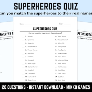 Printable Superheroes Match Up Quiz: Downloadable Table Quiz, Pub Quiz Sheets, Trivia Questions, Fun Ready-Made Comic Books Quiz