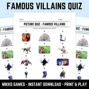 May include: A printable quiz sheet titled FAMOUS VILLAINS QUIZ and PICTURE QUIZ - FAMOUS VILLAINS. The page features twelve numbered slots with illustrations of various animated characters, including a lion, a tiger, and a crab, for identification.
