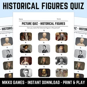 Printable Historical Figures Picture Quiz With Answers: Famous Faces Picture Round Quiz Sheets, Pub Quiz Trivia, Downloadable Table Quiz