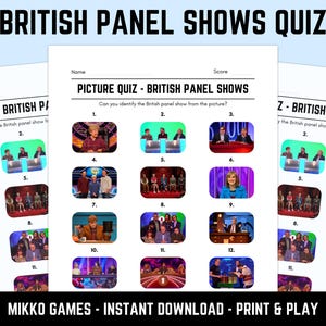 以下が含まれることがあります： 「British Panel Shows Quiz」と題された印刷可能なクイズシート。シートには、識別番号が付けられた英国のパネルショーからの画像がいくつかあります。「MIKKO GAMES - INSTANT DOWNLOAD - PRINT & PLAY」というテキストが一番下にあります。