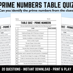 Cuestionario imprimible de la tabla de números primos con respuestas / Hojas de preguntas de pub descargables, preguntas de trivia, cuestionario de conocimientos generales divertido y listo para usar