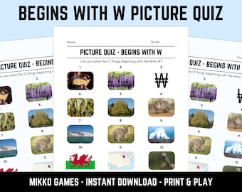 Printable Begins With W Picture Quiz With Answers: Picture Round Quiz Sheets, Pub Quiz Trivia, Downloadable Table Quiz, Fun Ready-Made Quiz