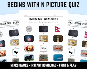 Printable Begins With N Picture Quiz With Answers: Picture Round Quiz Sheets, Pub Quiz Trivia, Downloadable Table Quiz, Fun Ready-Made Quiz