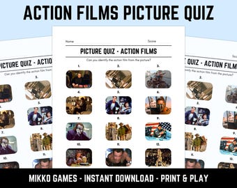 Printable Action Films Picture Quiz With Answers: Picture Round Quiz Sheets, Pub Quiz Trivia, Downloadable Table Quiz, Fun Movie Quiz