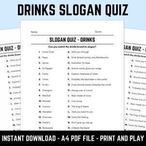 Printable Drinks Slogan Match up Quiz With Answers | Picture Round Quiz ...
