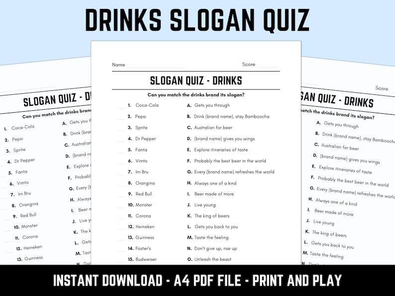 Printable Drinks Slogan Match up Quiz With Answers | Picture Round Quiz ...