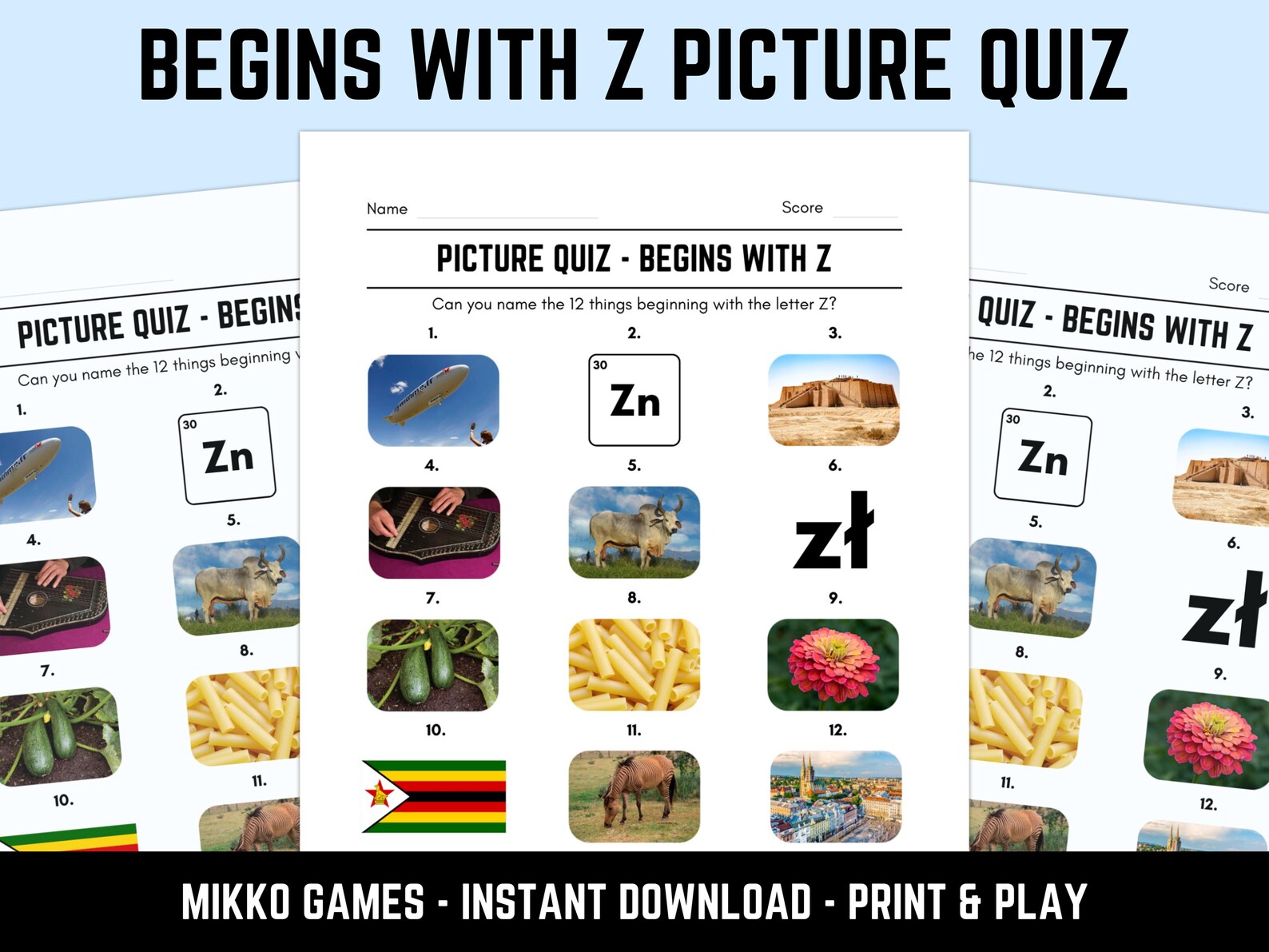 Printable Begins With Z Picture Quiz With Answers: Picture Round Quiz ...