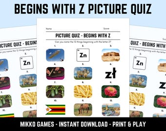 Printable Begins With Z Picture Quiz With Answers: Picture Round Quiz Sheets, Pub Quiz Trivia, Downloadable Table Quiz, Fun Ready-Made Quiz