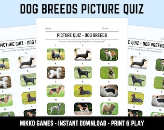 Printable Dog Breeds Picture Quiz With Answers: Picture Round Quiz Sheets, Pub Quiz Trivia, Downloadable Table Quiz, Fun Animals Quiz