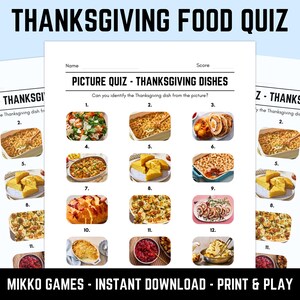May include: A printable Thanksgiving food quiz sheet featuring the title THANKSGIVING FOOD QUIZ and PICTURE QUIZ - THANKSGIVING DISHES. The page includes twelve numbered images of various holiday dishes with blank lines for writing names and scores.