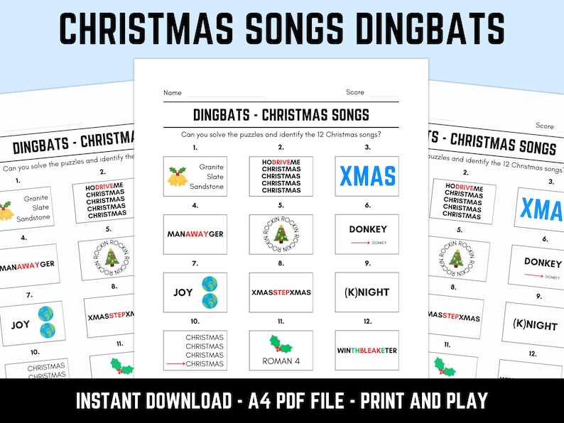 Printable Christmas Songs Dingbats Picture Quiz With Answers