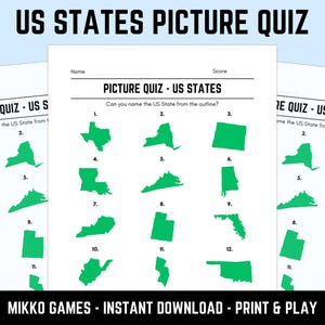 以下が含まれることがあります： 緑色の州の輪郭で識別できる、印刷可能な米国州の絵クイズ。クイズには番号付きの州と名前とスコアのスペースが含まれています。「US STATES PICTURE QUIZ」というテキストが上部にあり、「MIKKO GAMES - INSTANT DOWNLOAD - PRINT & PLAY」が下部にあります。