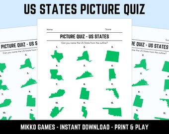 Printable US States Picture Quiz With Answers: Picture Round Quiz Sheets, Pub Quiz Trivia, Downloadable Table Quiz, Fun Geography Quiz