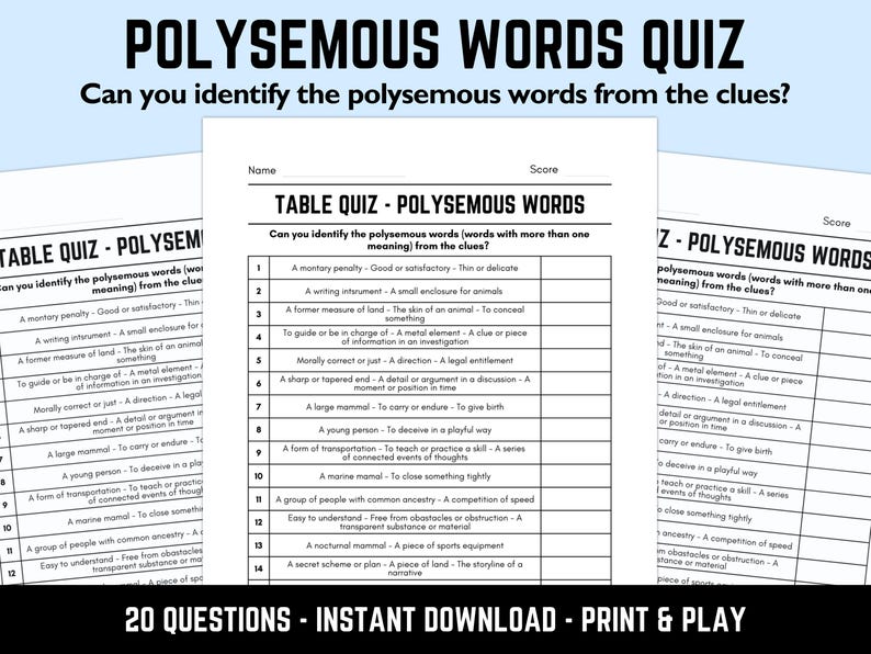 Printable Polysemous Words Table Quiz With Answers Downloadable Pub