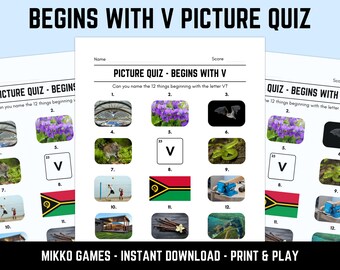 Printable Begins With V Picture Quiz With Answers: Picture Round Quiz Sheets, Pub Quiz Trivia, Downloadable Table Quiz, Fun Ready-Made Quiz