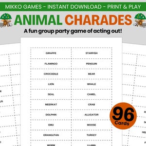 Animal Charades – Printable Party Game | Downloadable Animal Charades Cards, Fun Group Game for Kids and Adults, Family Game Night
