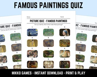 Printable Famous Paintings Picture Quiz With Answers: Picture Round Quiz Sheets, Pub Quiz Trivia, Downloadable Table Quiz, Fun Art Quiz
