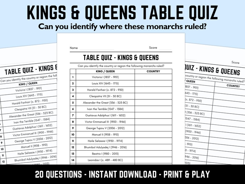 Printable Kings &amp; Queens Table Quiz With Answers | Downloadable Pub Quiz Sheets, Trivia ...