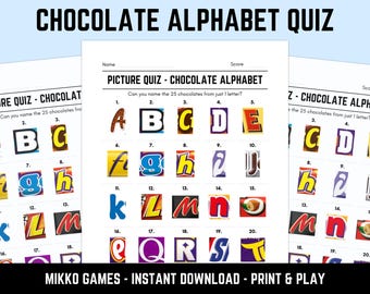 Printable Chocolate Alphabet Picture Quiz With Answers: Picture Round Quiz Sheets, Pub Quiz Trivia, Downloadable Table Quiz, Fun Candy Quiz
