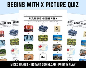 Printable Begins With X Picture Quiz With Answers: Picture Round Quiz Sheets, Pub Quiz Trivia, Downloadable Table Quiz, Fun Ready-Made Quiz