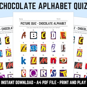 Cuestionario con imágenes del alfabeto de chocolate para imprimir y con respuestas / Hojas de cuestionarios con imágenes, cuestionarios de trivia en pub, cuestionario de mesa descargable