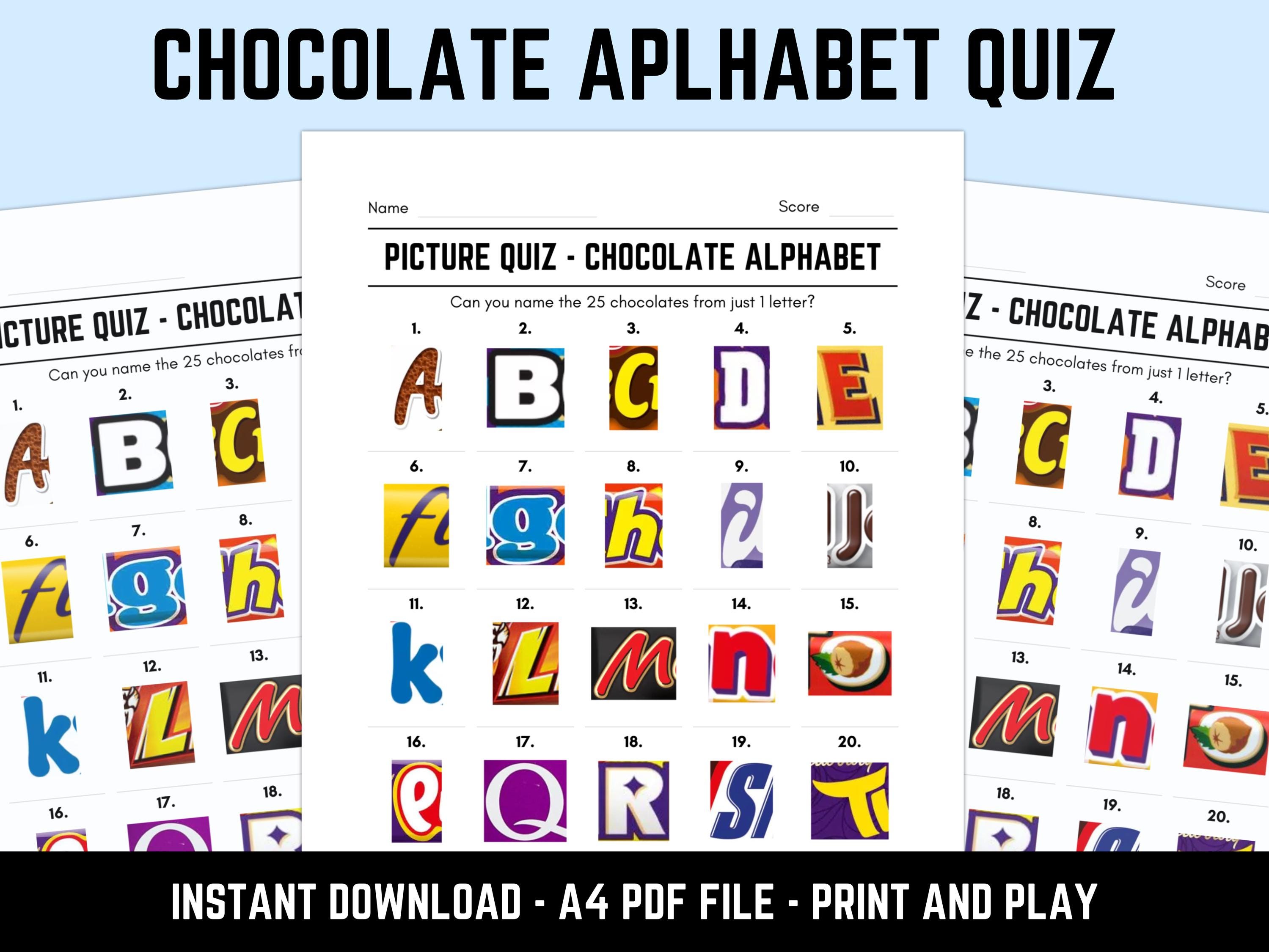 Printable Chocolate Alphabet Picture Quiz With Answers: Instant Download PDF