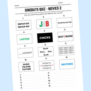 Printable Movies Dingbats Picture Quiz With Answers | Downloadable ...