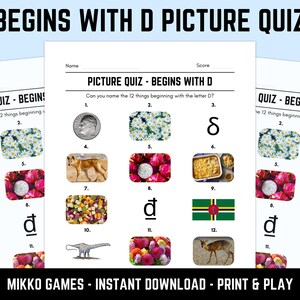 Printable Begins With D Picture Quiz With Answers: Picture Round Quiz Sheets, Pub Quiz Trivia, Downloadable Table Quiz, Fun Ready-Made Quiz