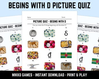 Printable Begins With D Picture Quiz With Answers: Picture Round Quiz Sheets, Pub Quiz Trivia, Downloadable Table Quiz, Fun Ready-Made Quiz