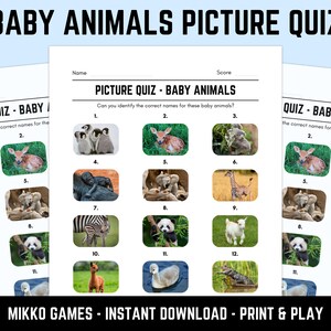 May include: A printable "Baby Animals Picture Quiz" game sheet. The quiz features images of baby animals, with spaces for names and scores. The text "MIKKO GAMES - INSTANT DOWNLOAD - PRINT & PLAY" is at the bottom.
