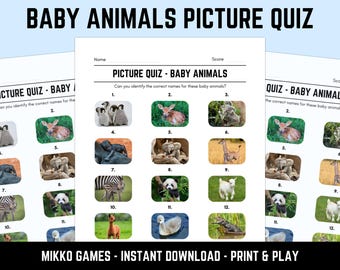 Printable Baby Animals Picture Quiz With Answers: Picture Round Quiz Sheets, Pub Quiz Trivia, Downloadable Table Quiz, Fun Nature Quiz