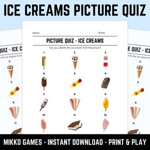 Printable Ice Creams Picture Quiz With Answers: Picture Round Quiz Sheets, Pub Quiz Trivia, Downloadable Table Quiz, Fun Food Quiz