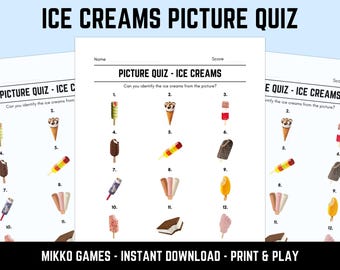 Printable Ice Creams Picture Quiz With Answers: Picture Round Quiz Sheets, Pub Quiz Trivia, Downloadable Table Quiz, Fun Food Quiz