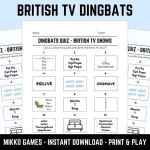 Pode incluir: Folha de quiz imprimível "British TV Dingbats". O quiz apresenta 12 enigmas para identificar programas de TV britânicos. O texto "Mikko Games - Instant Download - Print & Play" também é visível.
