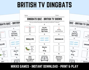 Printable British TV Shows Dingbats Picture Quiz With Answers: Downloadable Rebus Puzzles, Pub Quiz Sheets, Family Game Night