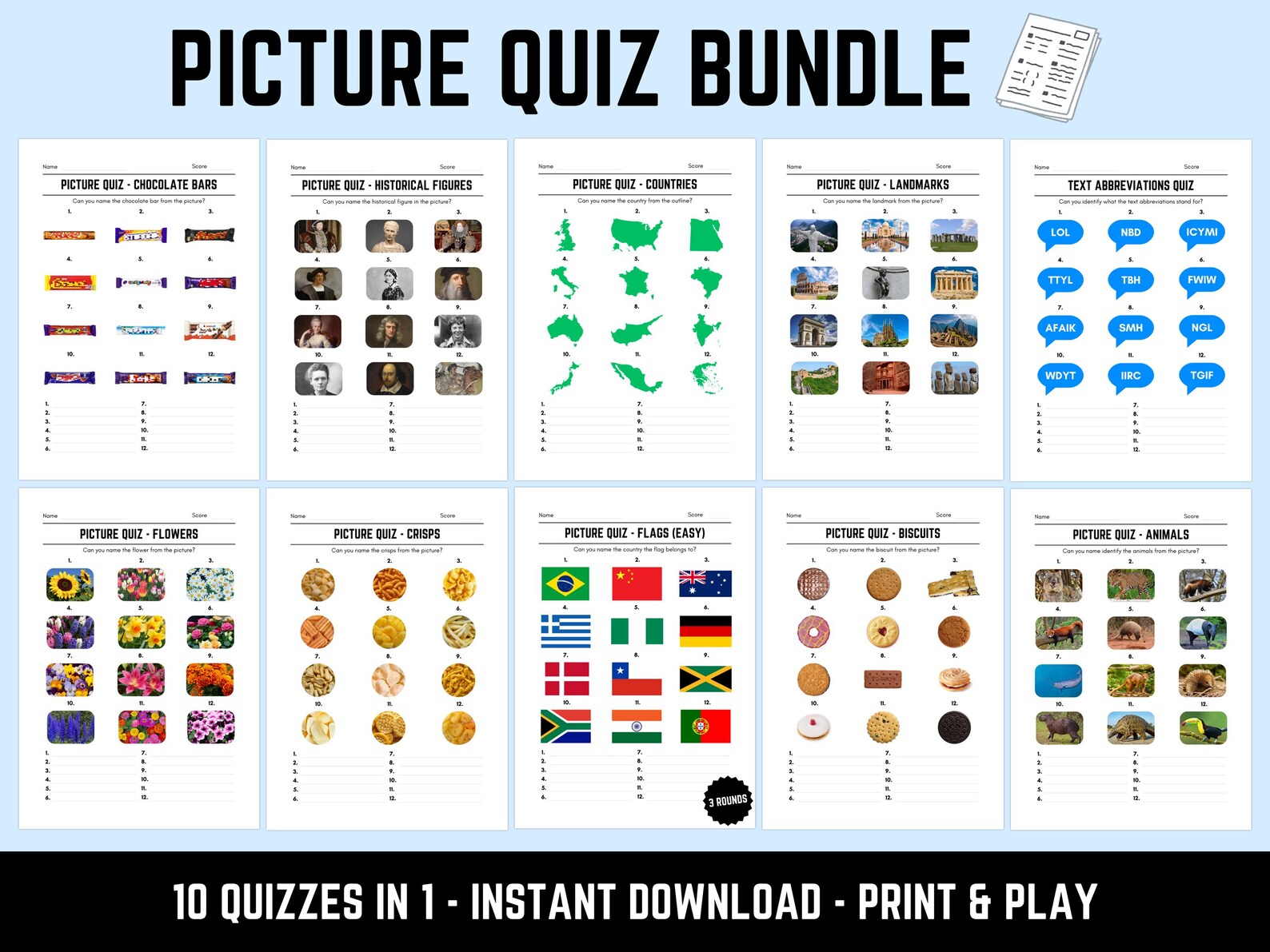 Printable Picture Quiz Bundle 10 Fun Quizzes In 1 Picture Round 