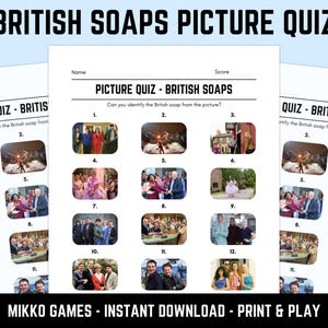 Puede incluir: Un juego de preguntas con imágenes imprimibles de jabones británicos. El cuestionario presenta imágenes de varias series de televisión británicas, con espacios para escribir las respuestas. El juego está diseñado para descarga e impresión instantáneas.