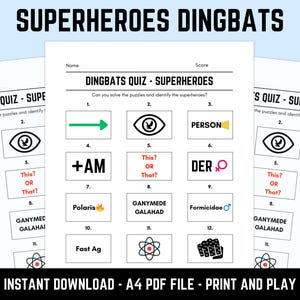Printable Superhero Dingbats Picture Quiz: Downloadable Rebus Puzzles, Pub Quiz Sheets