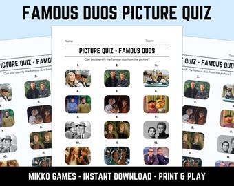 Może przedstawiać: Drukowana karta do gry w quiz ze zdjęciami "Famous Duos". Quiz zawiera zdjęcia znanych duetów, z miejscem na imię i nazwisko oraz wynik gracza. Tekst "MIKKO GAMES - INSTANT DOWNLOAD - PRINT & PLAY" znajduje się na dole.
