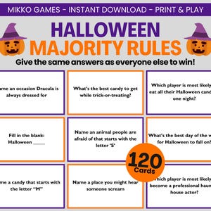 Puede incluir: Juego temático de Halloween titulado "Halloween Majority Rules". Incluye preguntas como "¿Cuál es el mejor caramelo para conseguir en Halloween?" y "Nombra un animal al que la gente le tenga miedo que empiece por la letra 'S'". El juego tiene 120 cartas.
