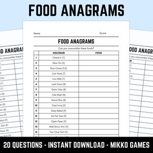 Può includere: Un foglio di puzzle di anagrammi alimentari stampabile con il titolo "FOOD ANAGRAMS". Il foglio presenta una tabella con anagrammi e spazio per decifrare i nomi degli alimenti. Il testo "20 QUESTIONS - INSTANT DOWNLOAD - MIKKO GAMES" è in basso.