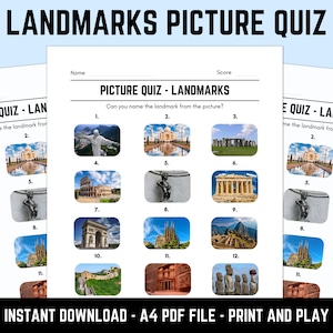 Afdrukbare fotoquiz met antwoorden over bezienswaardigheden | Fotoronde quizbladen, pubquiztrivia, downloadbare tafelquiz